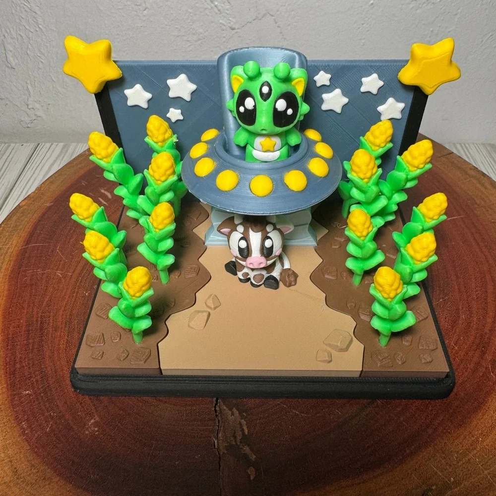 3D Printed Alien‎ UFO Cow Abduction Cornfield Diorama Toy Decor Multi-Color